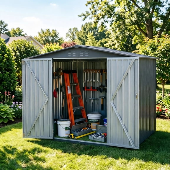 LuckyNote Metal Storage Shed with Double Doors, Heavy Duty Galvanized Steel Outdoor Garden Shed for Tools, Lawn Equipment, Antique Dark Grey