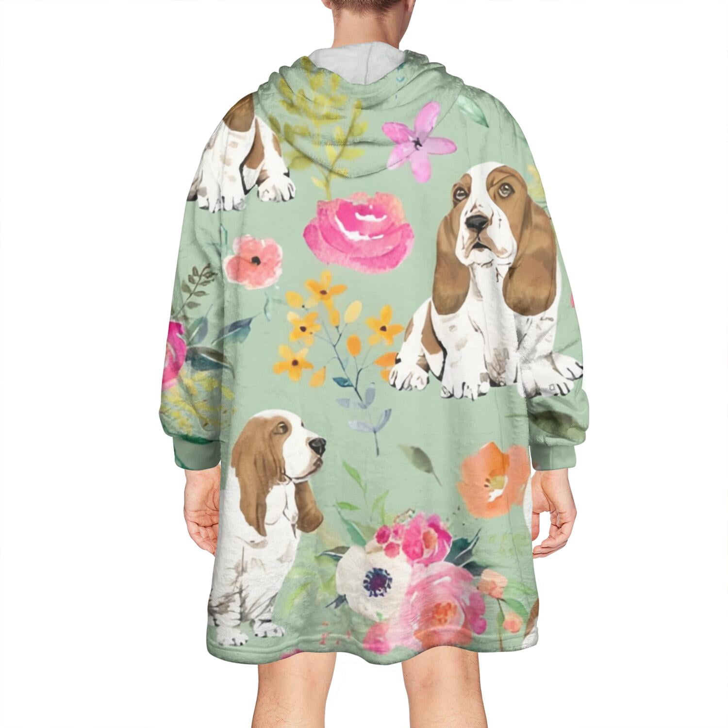 Wearable Oversized Blanket,Basset Hound and Pioneer Flower Wearable Blanket Hoodie for Adults,Cozy Hooded Blankets with Super Pockets,Super Warm Fuzzy Pullover for Women & Men