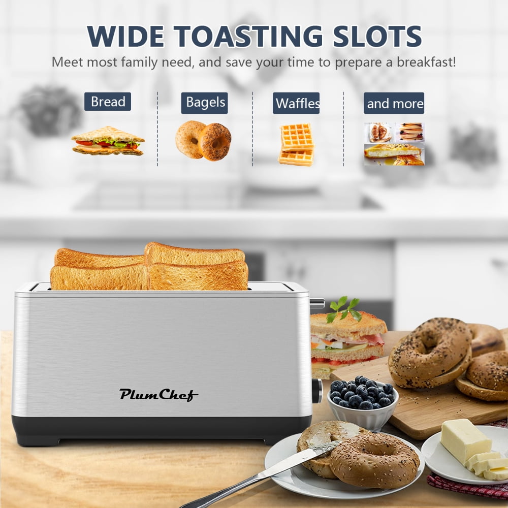 4-Slice Stainless Steel Toaster - Extra Wide Slots, 6 Settings & Bagel/Defrost/Reheat