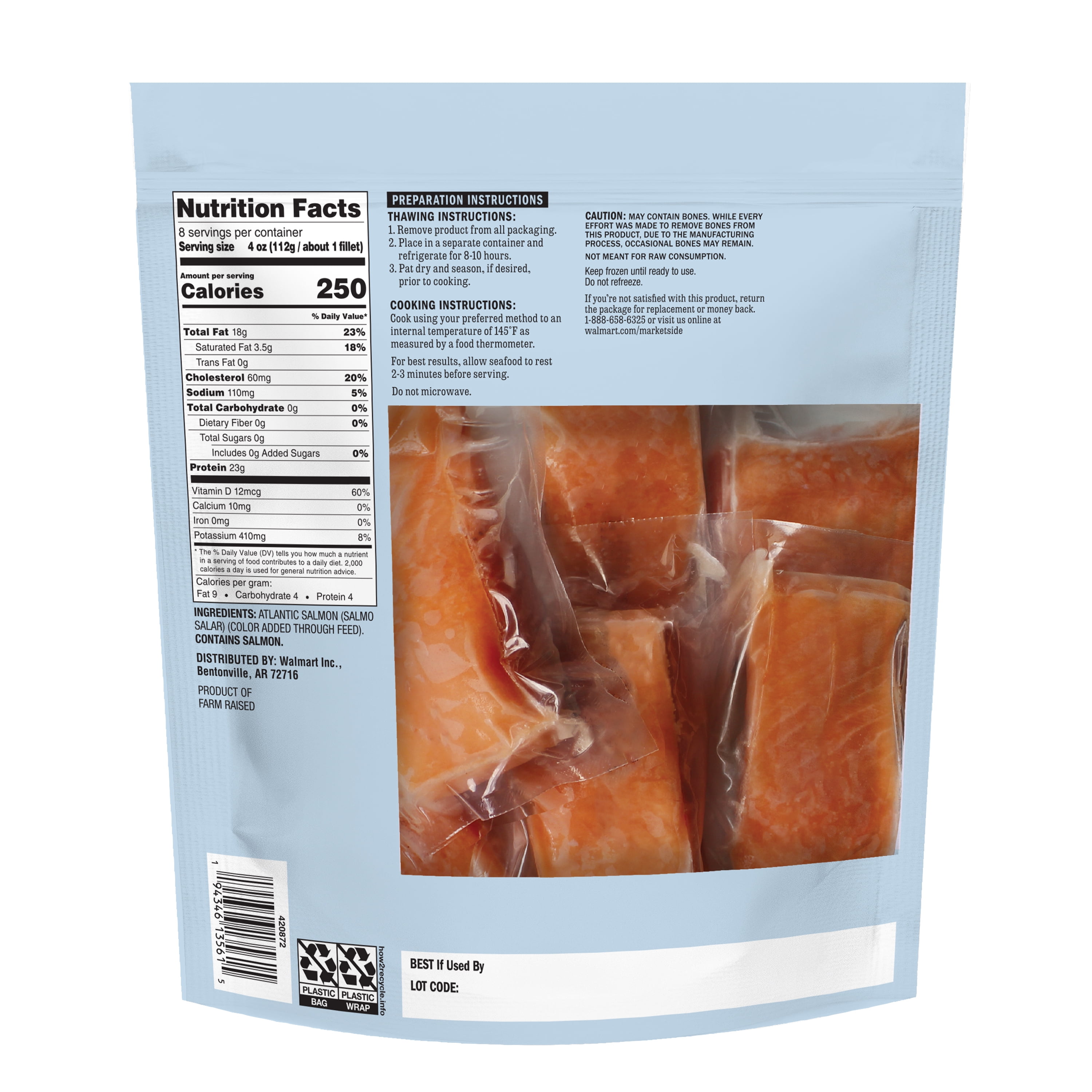 Marketside Skinless Atlantic Salmon Portions, 2 lb Bag (Frozen)