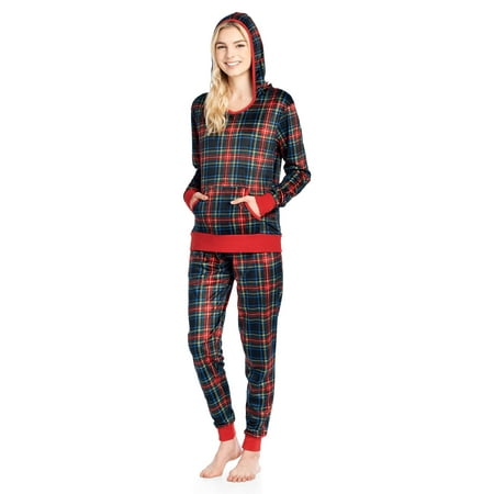 

Ashford & Brooks Women s Mink Fleece Hoodie Pajama Set - Black Stewart Plaid - X-Large