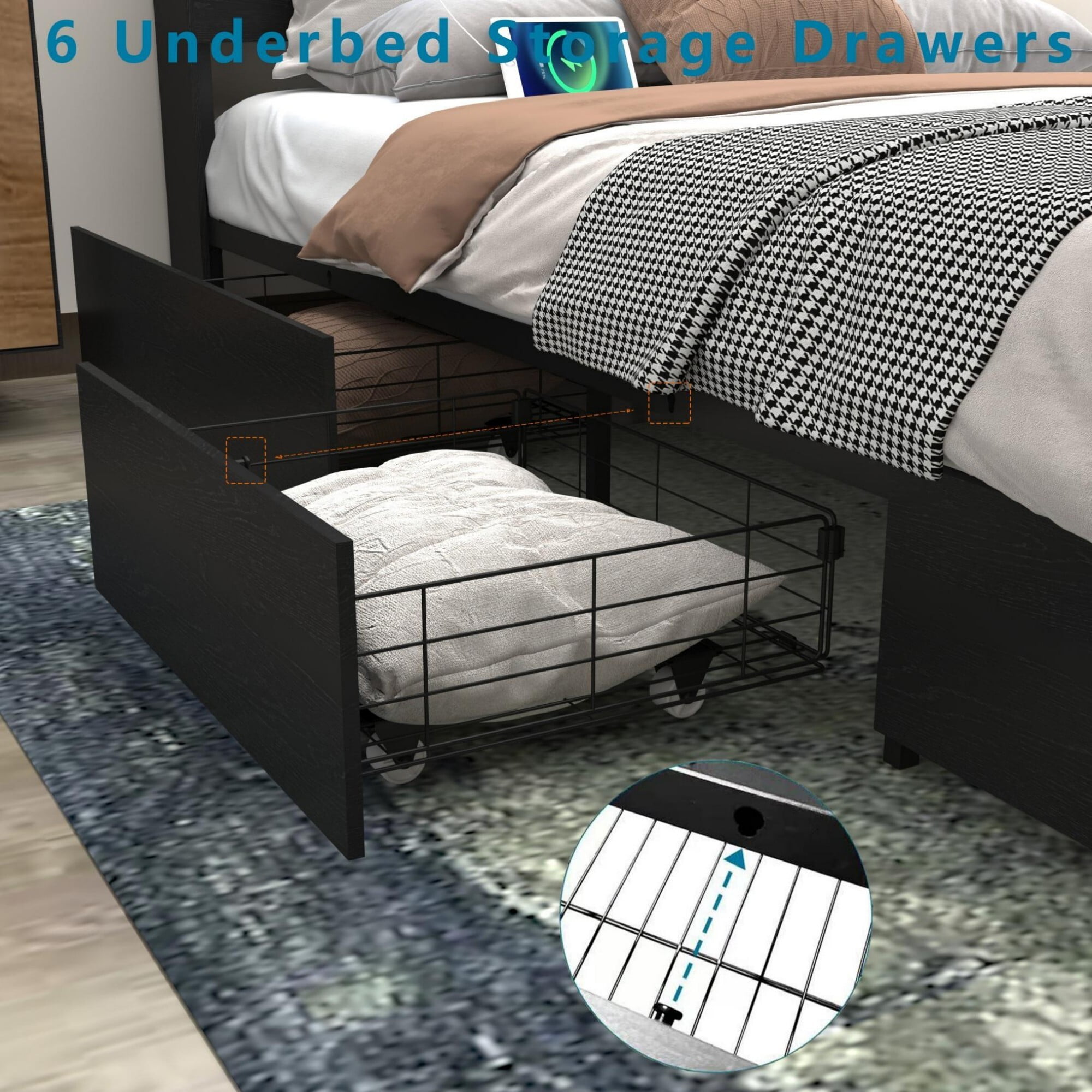 AENKYO Queen Size Bed Frame with LED Lights & 6 Drawers, Storage Headboard with Charging Station, Noise Free, Black