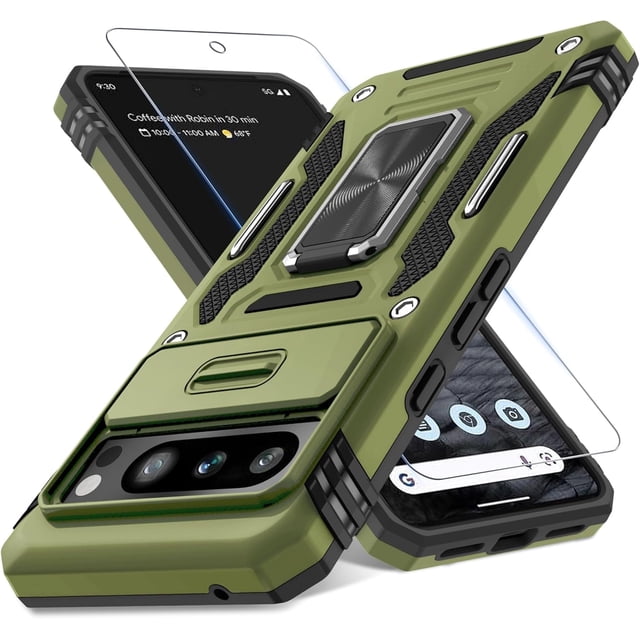 KOMI Case for Google Pixel 8 Pro with Slide Camera Cover+Screen Protector (1 Pack), Rotated Ring Kickstand Military Grade Shockproof Heavy Duty Protective Cover Olive Green