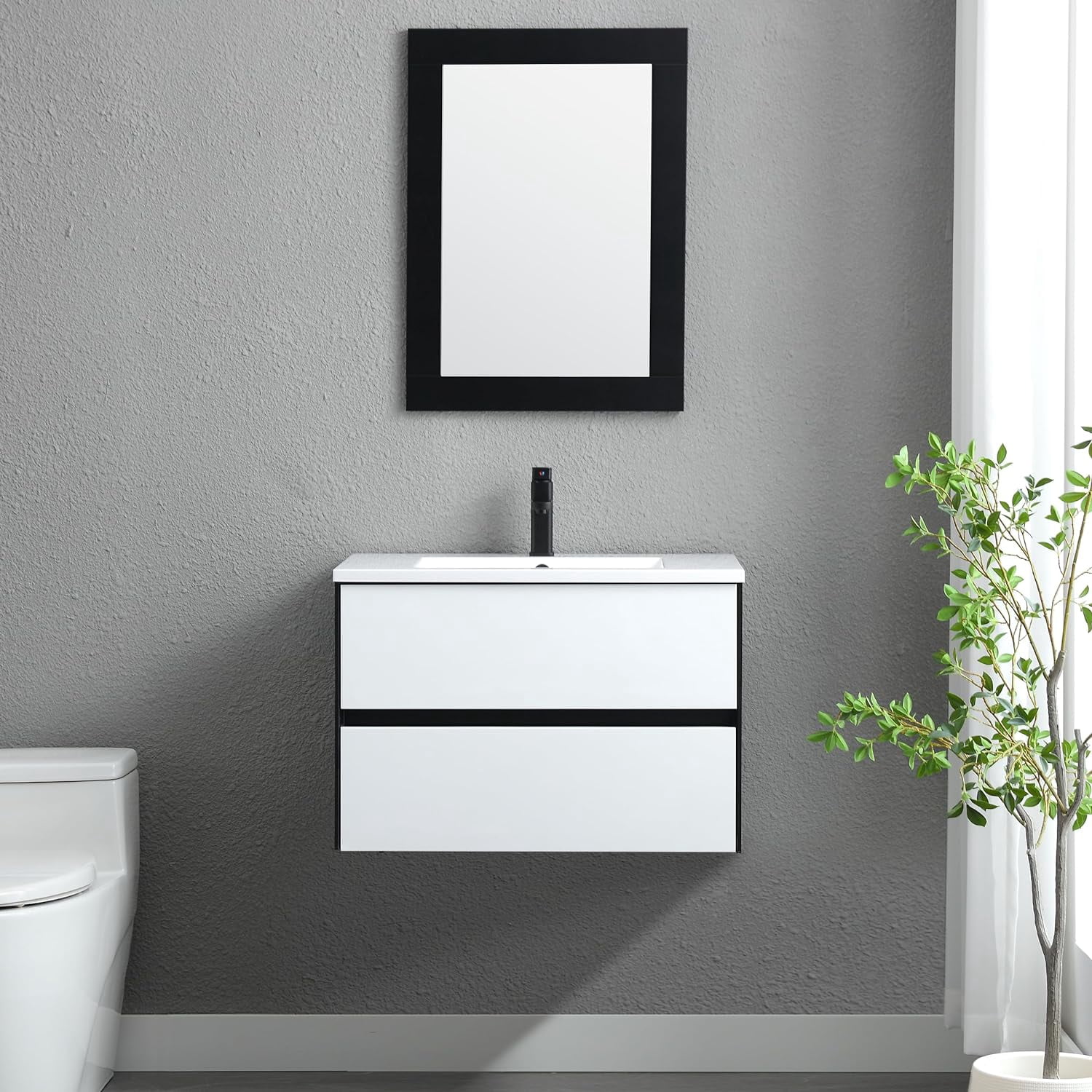 Eclife 30" Bathroom Vanity Cabinet with Undermount Ceramic Sink, 2 Big Drawers, Matte Black Faucet