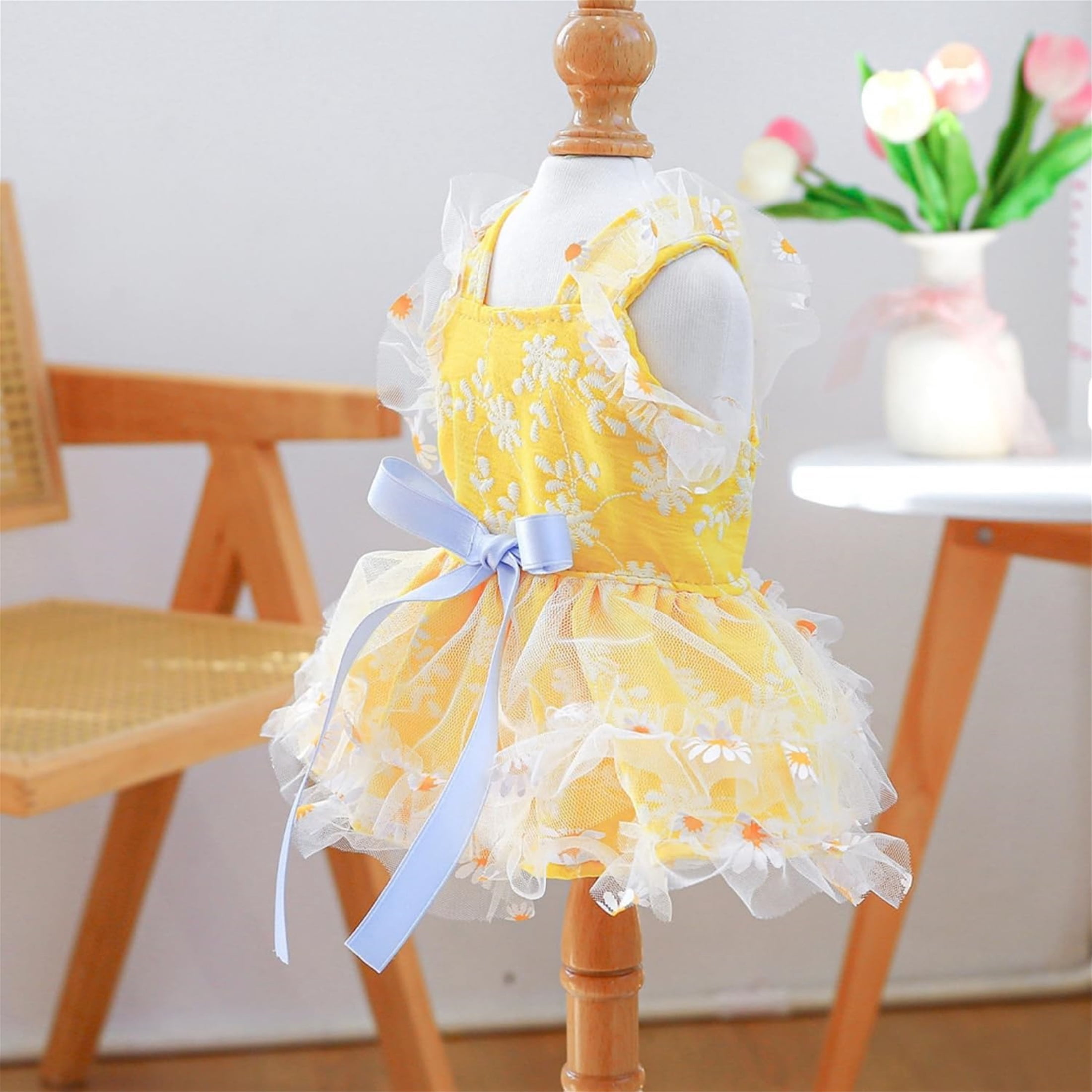HQREA Yellow Daisy Small Dog Dress Summer Girl Dog Clothes Puppy Outfits for Wedding Birthday Party