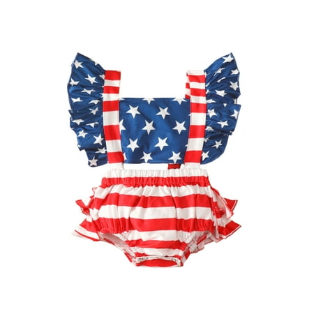 

Kiapeise Infant Baby Girls USA Flag Romper Flying Sleeve Stars Stripes Ruffle Back Bowknot Jumpsuit 4th of July Outfits