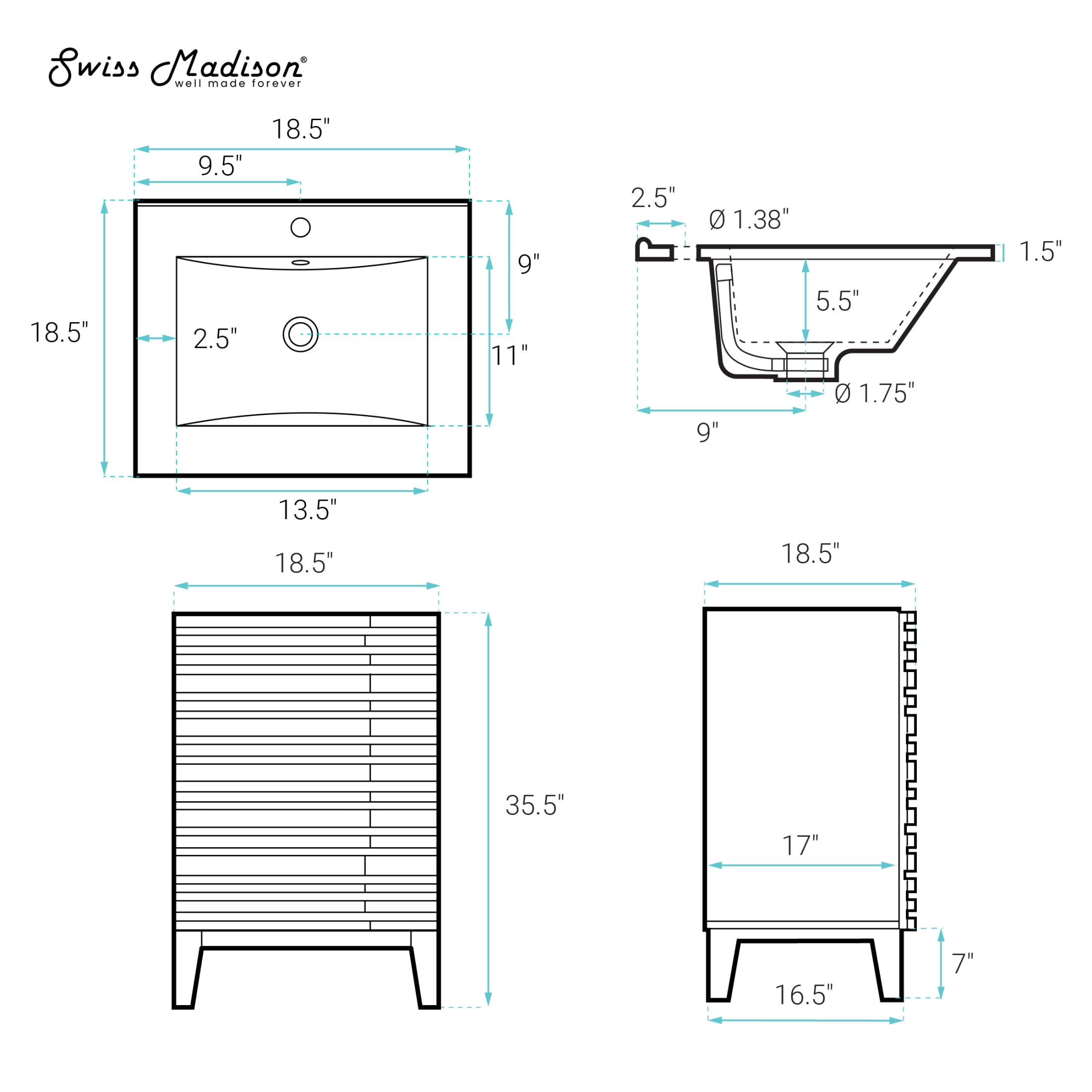 Cascade 18" Freestanding Bathroom Vanity in Green Oak with Black Sink Top