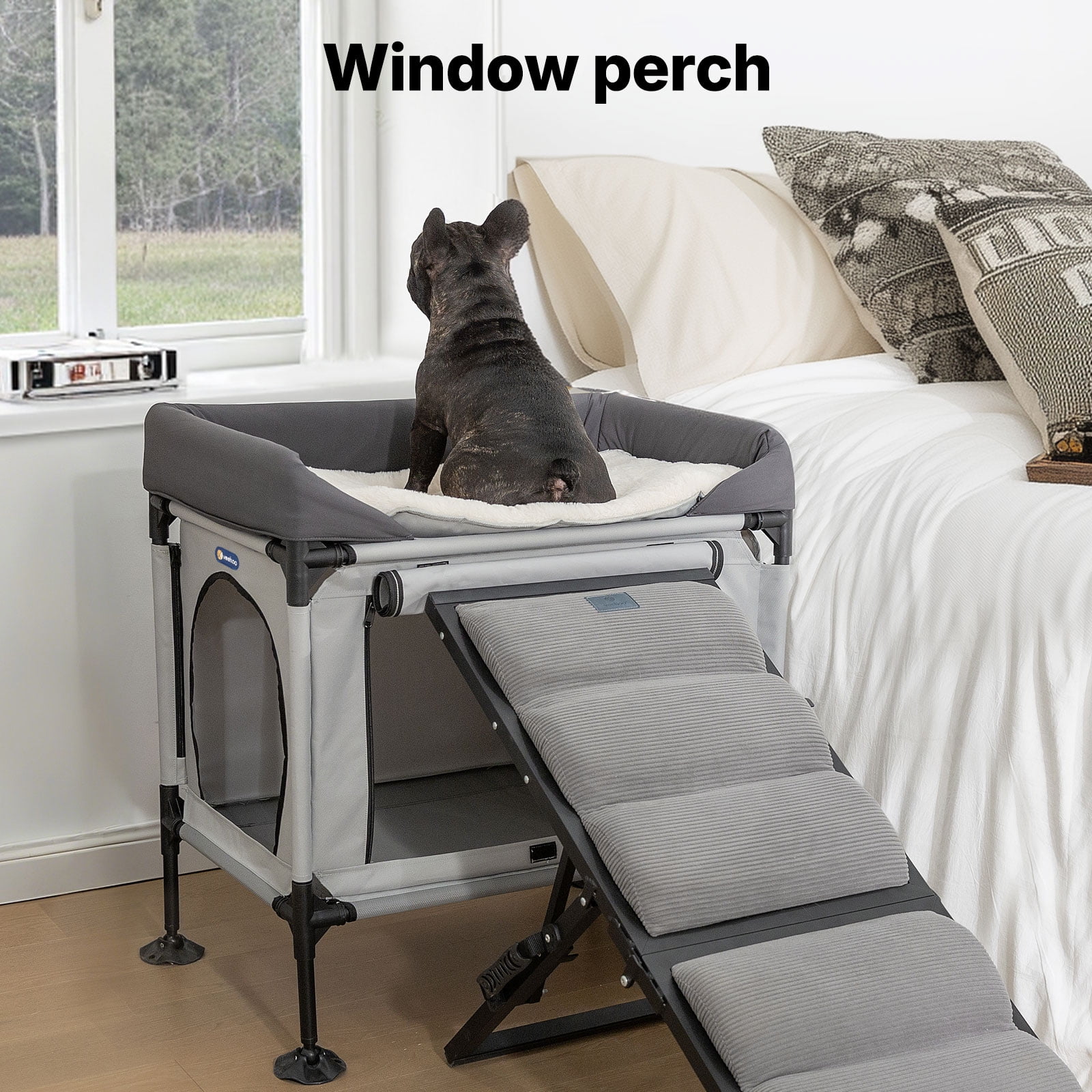 Veehoo Dog Bunk Bed, Attachment to Human Bed, Bedside Dog Cot for Cat & Dog, Pet Window Perch, Grey