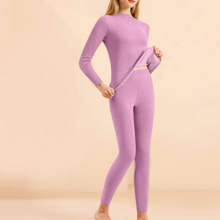 Thermal Underwear Top And Leggings Set For Women Winter Casual Comfortable Fitted Warm And Thick Velvet Silk Collar Neck Seamless Gelatin Style Home Clothes Purple XXL