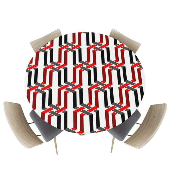 Fitted Round Tablecloths Table Covers 55-60in,Red Black Stripy Weaving Cube Waterproof Elastic Edged Table Cloth for Kitchen Dining Holiday Party Tables Decor,Abstract on White