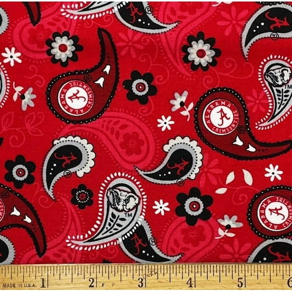 1 Fat Quarter - University of Alabama Red Paisley Cotton Fabric - 21" X 18"