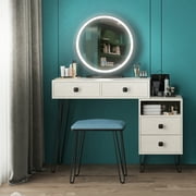 LVSOMT Lighted Vanity Table Set with Mirror, Stool and 4 Drawers, Modern Bedroom Makeup Desk, off-White Finish