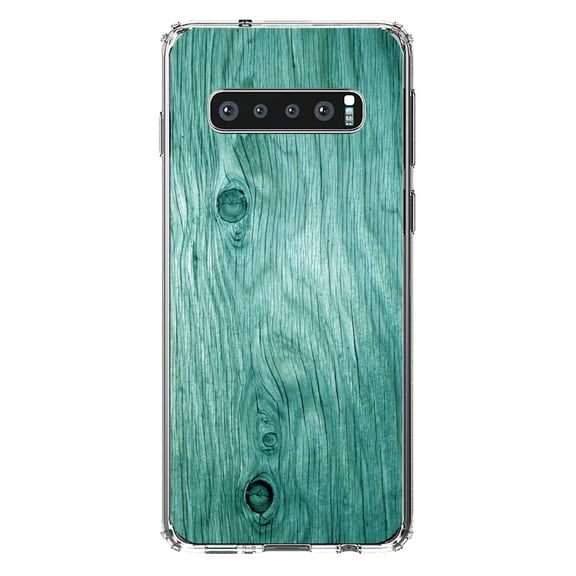 DistinctInk Clear Shockproof Hybrid Case for Samsung Galaxy S10  PLUS(6.4" Screen) - TPU Bumper, Acrylic Back, Tempered Glass Screen Protector - Teal Weathered Wood Grain Print - Printed Wood