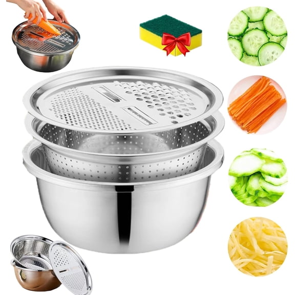 3-in-1 Stainless Steel Grater Bowl with Grater, Strainer, Drain Basket, Round Bowl with Lid for Grading, Slicing, Then Spin, For Kitchen, Salad, Vegetable