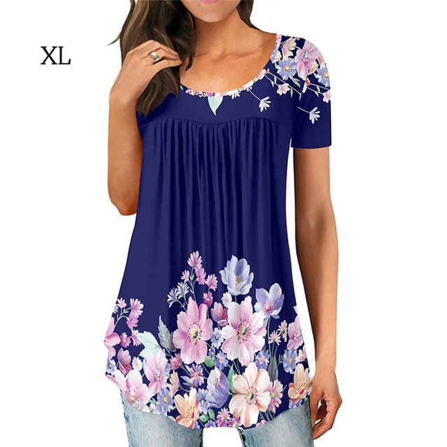 Camiseta de mujer con estampado floral, manga corta, cuello redondo, blusa plisada, tipo 5, XL kenally AP002482-15