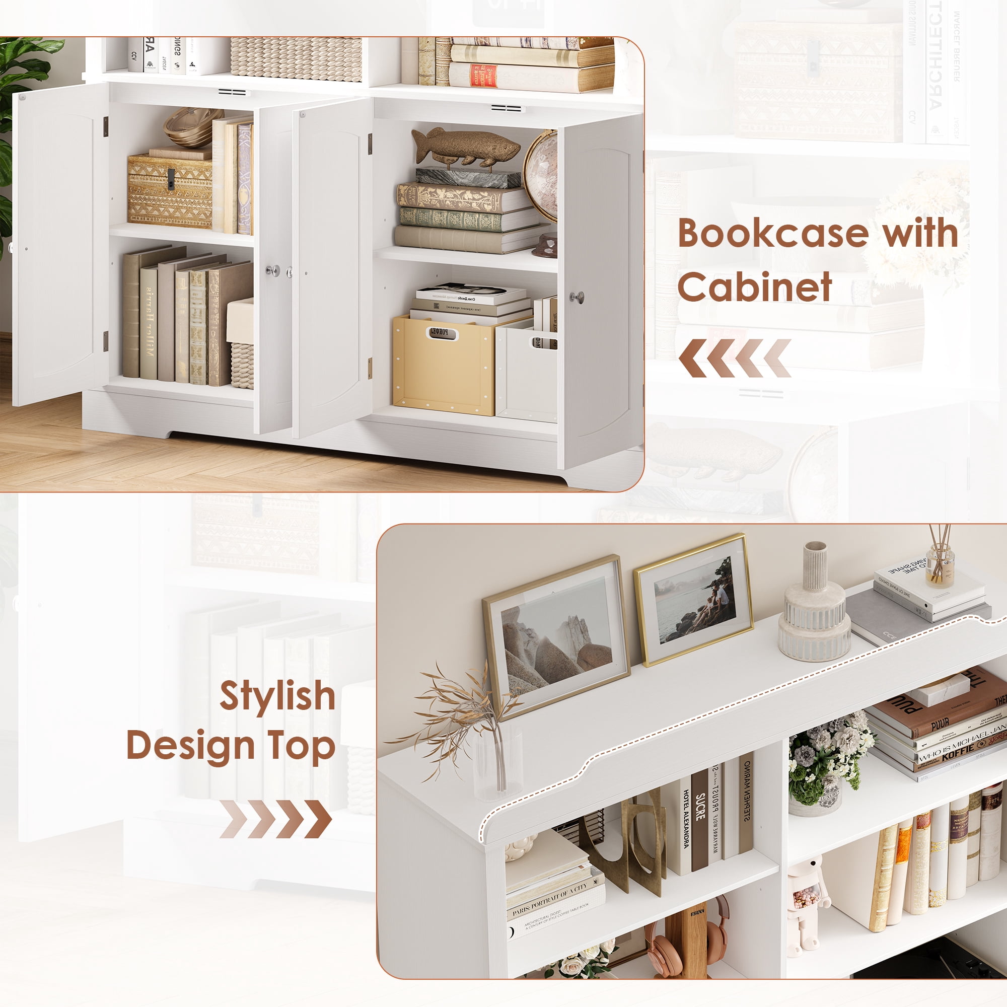 Homfa 73'' Tall Bookcase with 4 Doors, 6-Tier 8 Cubes Display Bookshelf, Double Row Bookcase with Adjustable Shelves for Living Room Home Office, White