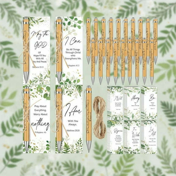 100 Christian Gifts First Communion Keepsakes Bible Verse Collection 50 Bible Verse Bamboo Pens 50 Prayer Linen Cards Set (Unisex) Church Sunday Christian Gathering Gifts