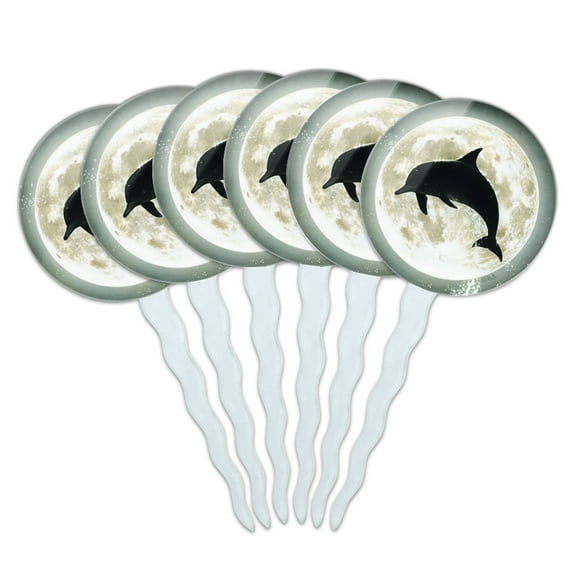 Dolphin Jumping Moon Ocean Night Silhouette Cupcake Picks Toppers Decoration Set of 6