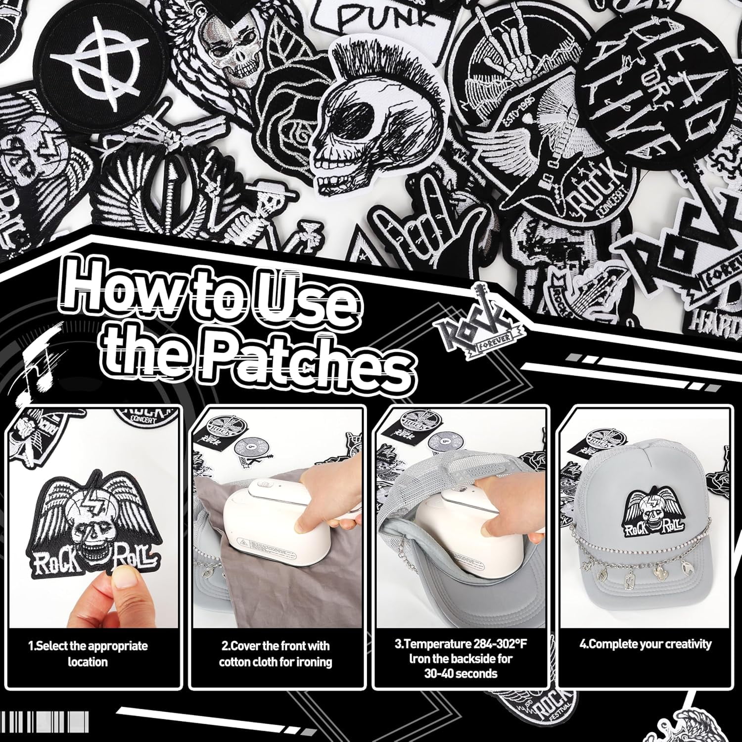 Punk Rock Iron On Patches for Jackets: 45Pcs Dark Goth Patch for DIY Crafts - Vintage Skull Sew On Appliques Patches for Jeans Vests Hats Backpacks Shirts