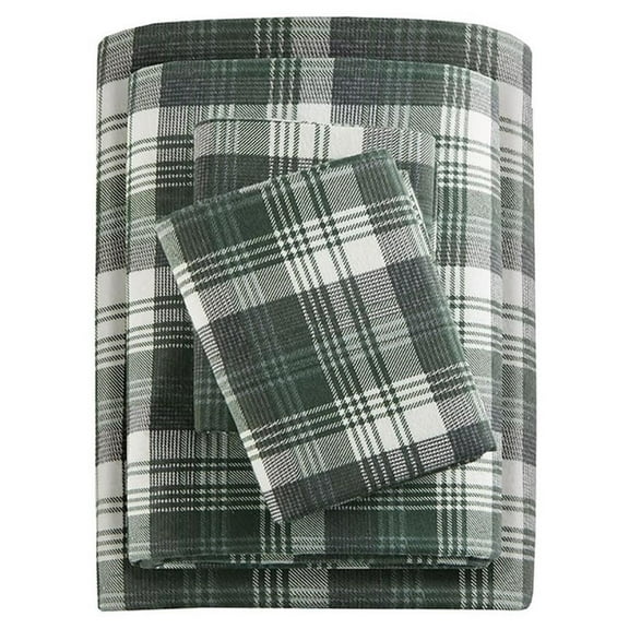 Pemberly Row Farmhouse 100 Percent Cotton Flannel Queen Sheet Set in Green Plaid