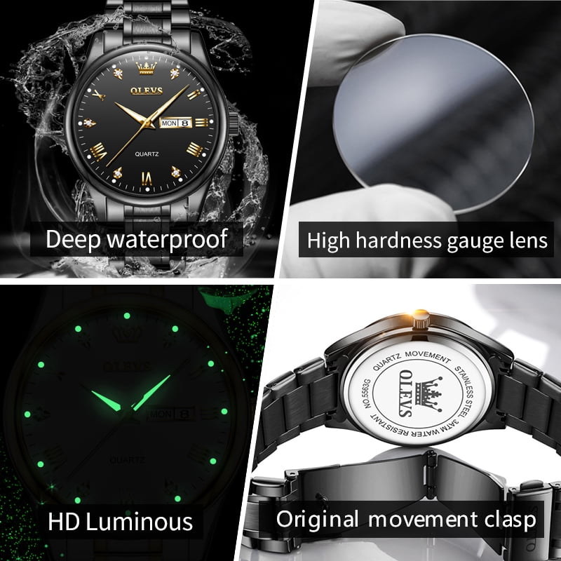 OLEVS Watches for Men Business Dress Analog Quartz Luxury Black Stainless Steel Waterproof Luminous Classic with Date Mens Wrist Watches Reloj para Hombre
