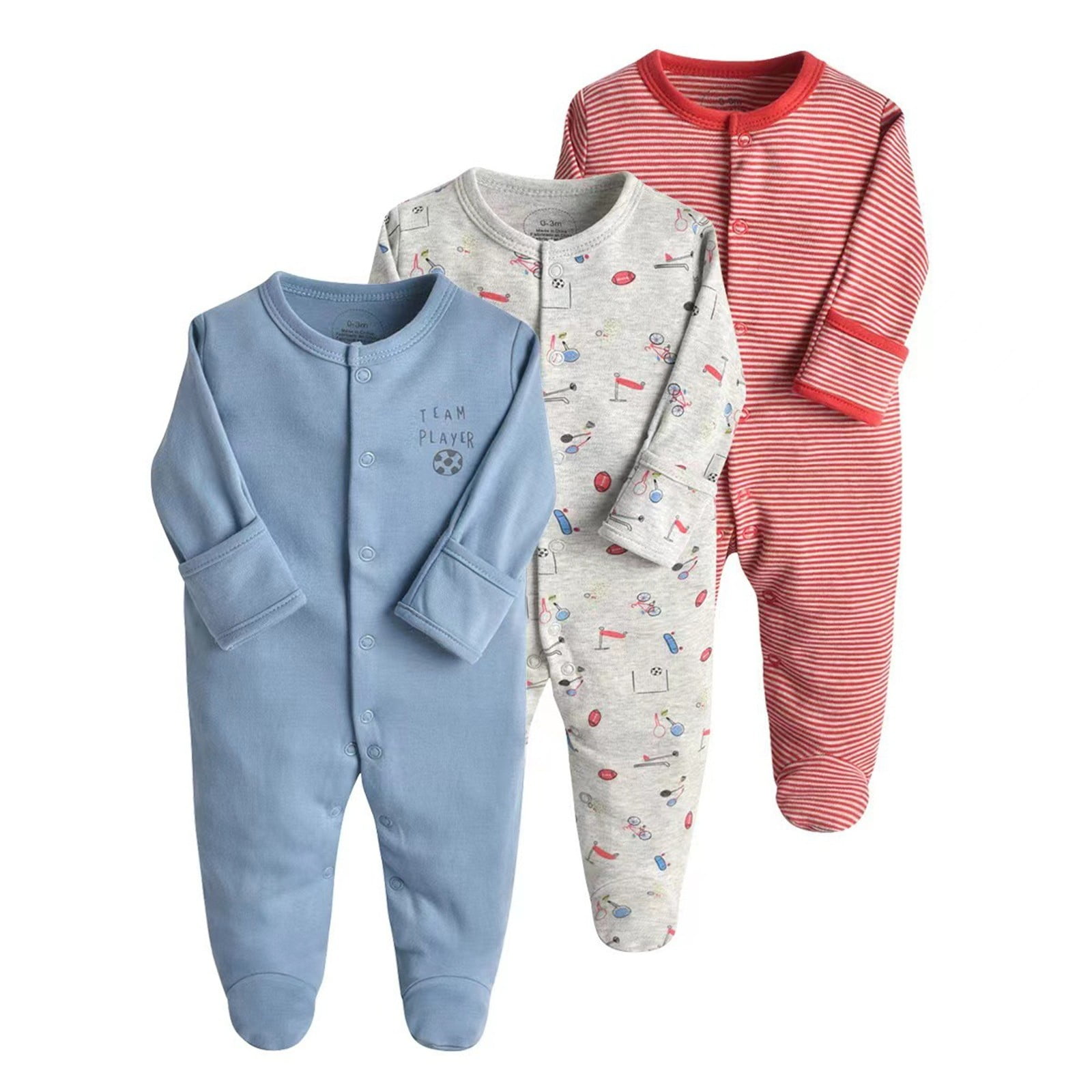 Toddler Boy Clothes Unisex Baby Boy Girl Footies Rompers Cotton Long Sleeve 3 Pack Pajamas Jumpsuits Playsuits Outfits Blue,6-9 Months