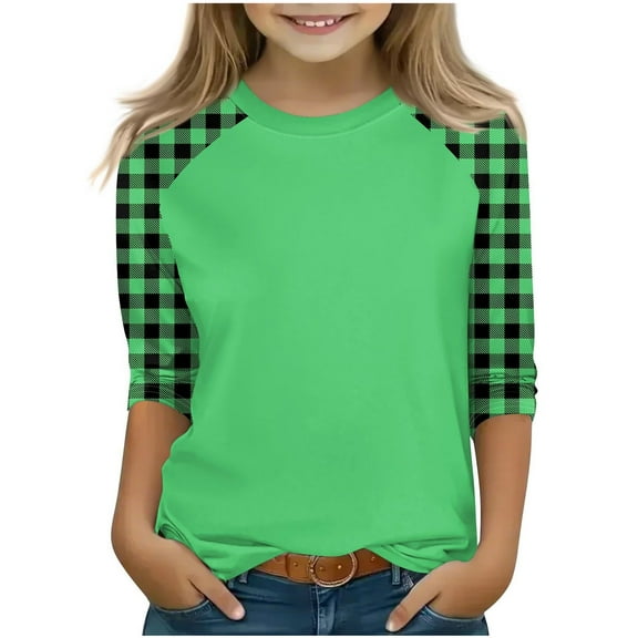 ZACPNCV Girls 3/4 Sleeve Striped T-Shirts Boys Colorblock Casual Loose Basic Crew Neck Summer Tops for Kids Green 14-15 Years