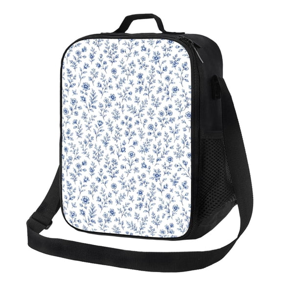 Blue White Floral Lunch Bag Insulated Thermal Lunch Box with Shoulder Strap & Handle for Women and Men