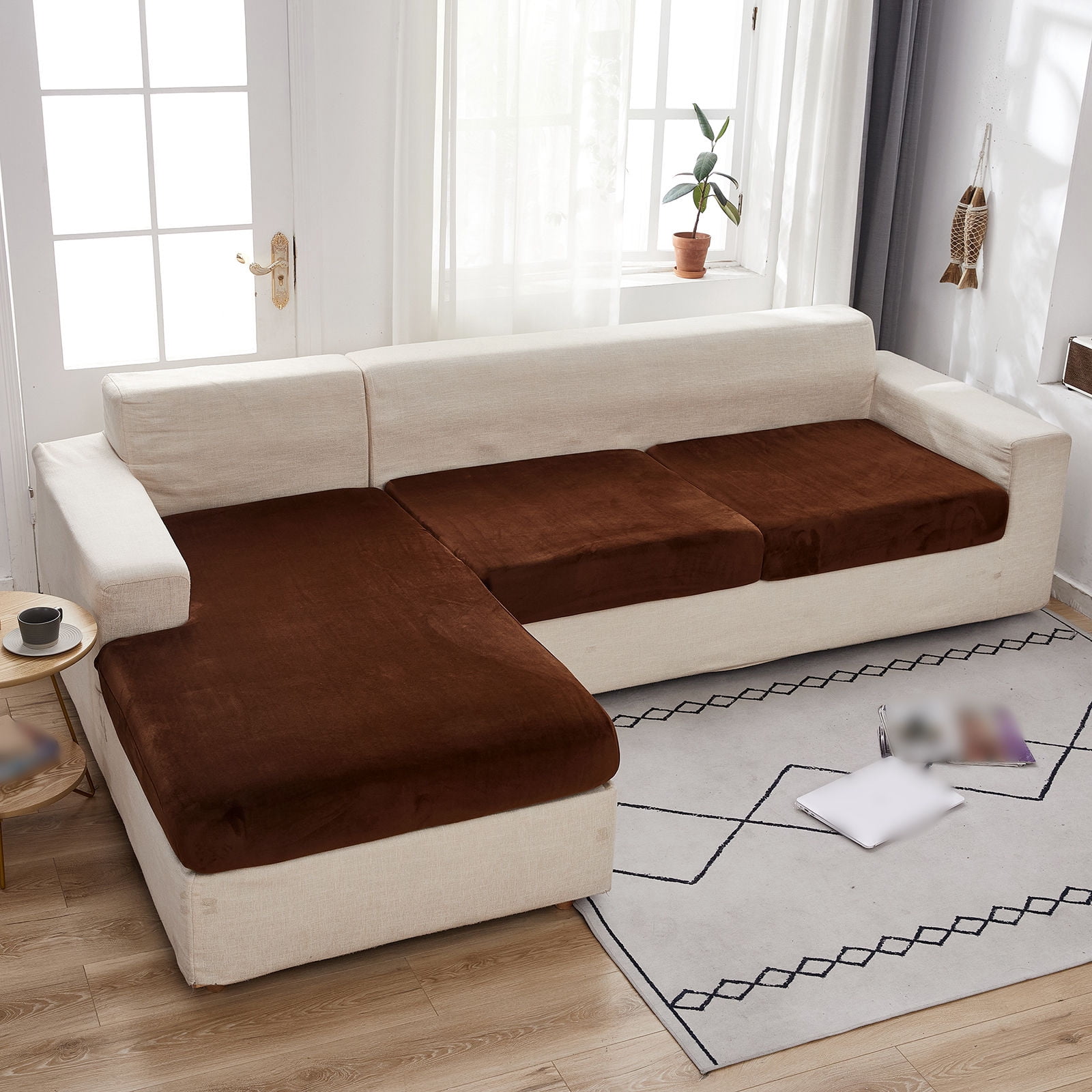 Velvet 1 2 3 Cushion Couch Cushion Cover for L-Shaped Sofa Chaise Longue Sofa Slipcover, Stretch Sofa Cover Non-slip Soft Furniture Protector -Coffee color-Chair