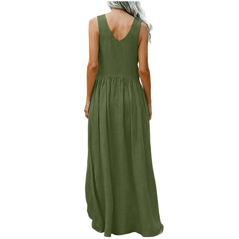 QSAWXQZ Women's Summer Casual Sleeveless Tank Maxi Dress Loose Crew Neck  Cotton Linen Long Sundress with Pockets Olive Green M