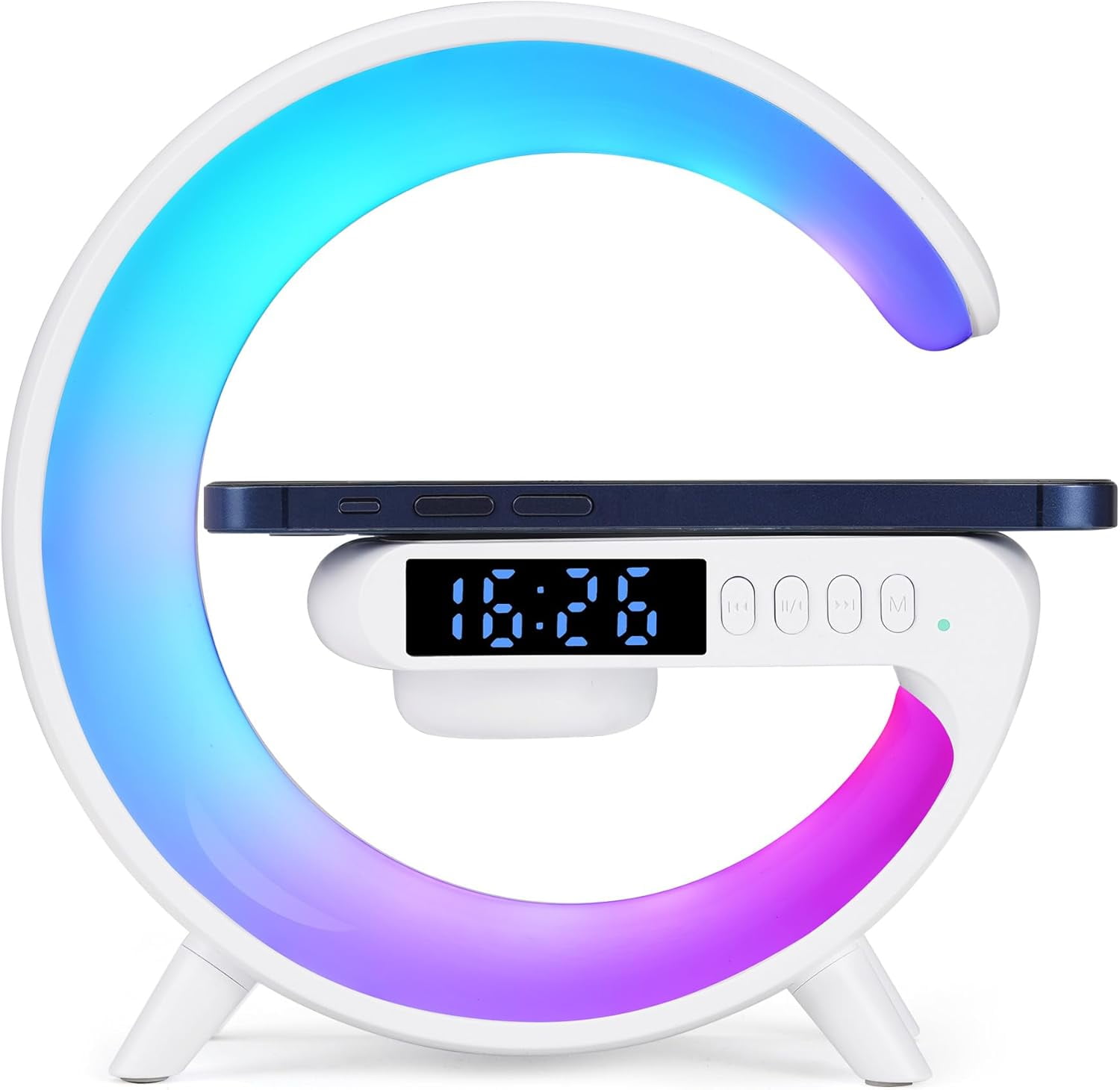 Smart LED Table Lamp, 4-in-1 Wireless Charger, Night Light, Alarm Clock, and Bluetooth Speaker with App Control for Bedroom, Office, and Home Decor