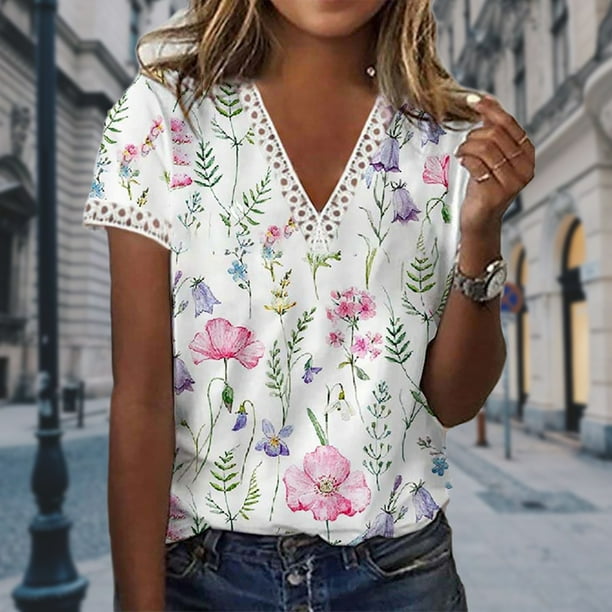 Blusas elegantes para mujer, túnica con cuello en V de encaje, camisetas informales, camisetas sin mangas, ropa femenina FLhrweasw Nuevo
