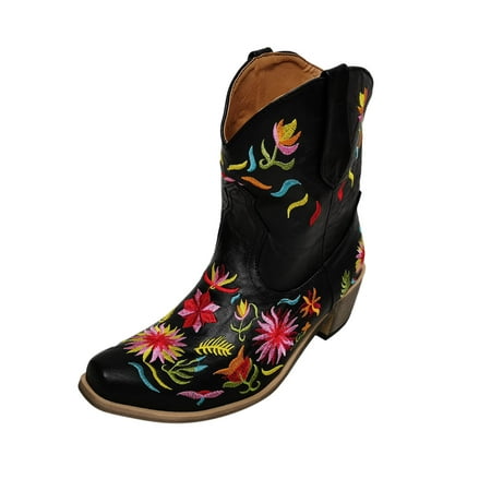

EUHDSSDE Womens Retro Floral Embroidered Style Pointed Toe Western Cowboy Mid Calf Boots