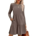 thumbnail image 3 of dazeni Women's 2024 Fall Long Sleeve Sweater Dress Double Layer Crewneck Tunic Sweater Dresses with Pockets Casual Empire Waist A Line Swing Knit Midi Dress, 3 of 8