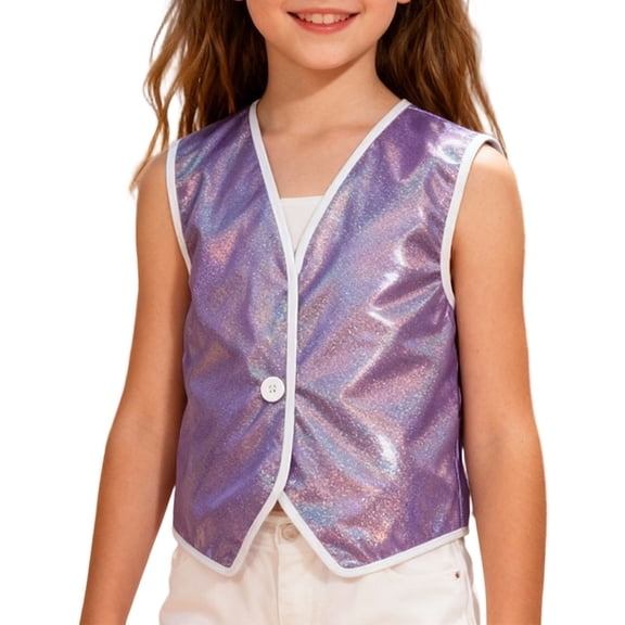 AWZXDE Girls Sequin Vest One Button Sleeveless Jacket For Stage Performance And Casual Wear Kids Clothing Elegant Style Purple，90