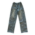 thumbnail image 4 of MIXUE Jeans For Women Solid Color Star Embroidered Blue Denim Pants Loose Fit Straight Leg Wide Leg Unique Design Fashion Trousers Activewear,Blue,XL, 4 of 4