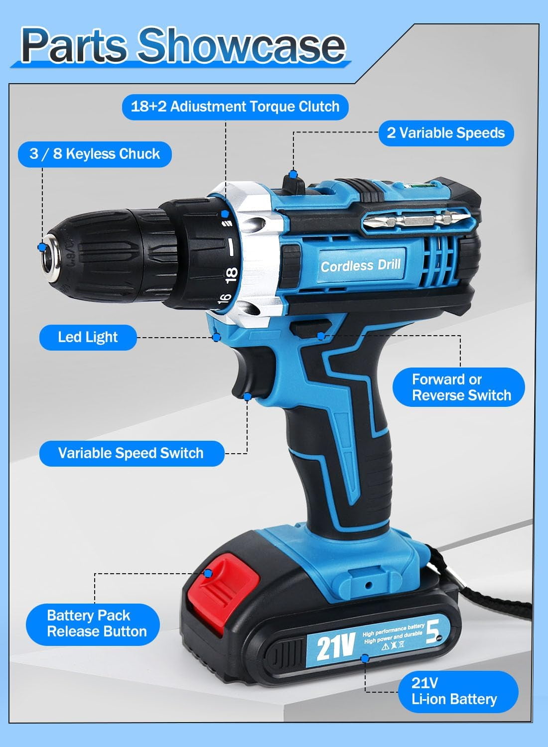 Cordless Hammer Drill 21V with LED Work Light - Compact 1.5AH Battery, 248 In-lbs, 18+2 Clutch, 2 Speeds, Charger, 25 Accessories Included（Dark Blue）