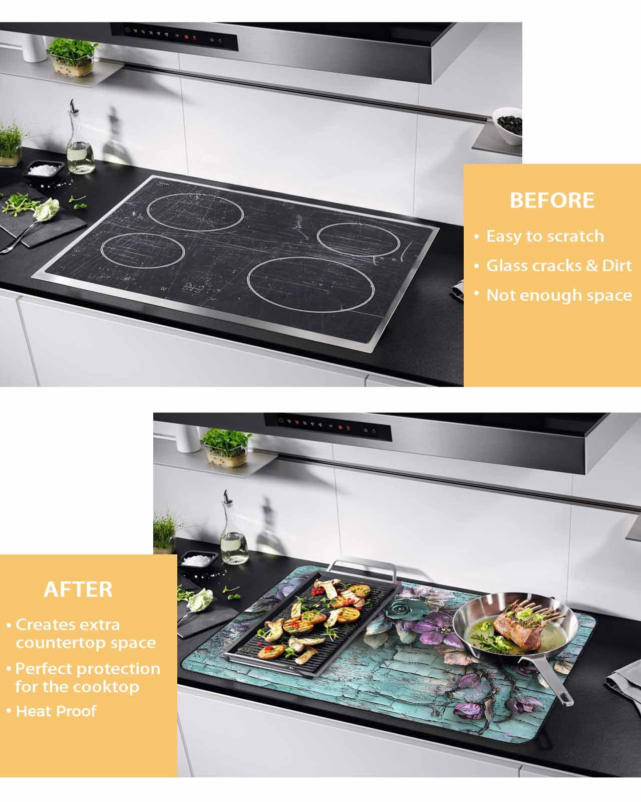 nqOlkjepod Large Induction Cooktop Protector Mat 24"x21", Spring Floral Stove Top Covers for Electric Stove, Blue Mottled Walls Vintage Garden Pastoral Stove Burner Cover Mats, Glass Top Stove Cover