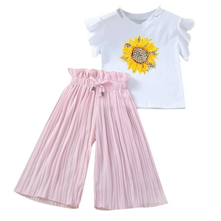 

Qufokar Girls 2T Clothes Dress Set Baby Girl Toddler Kids Girls Clothing Sets Summer Sunflower T Shirt Tops Chiffon Ruched Loose Pants Outfits Children Clothes