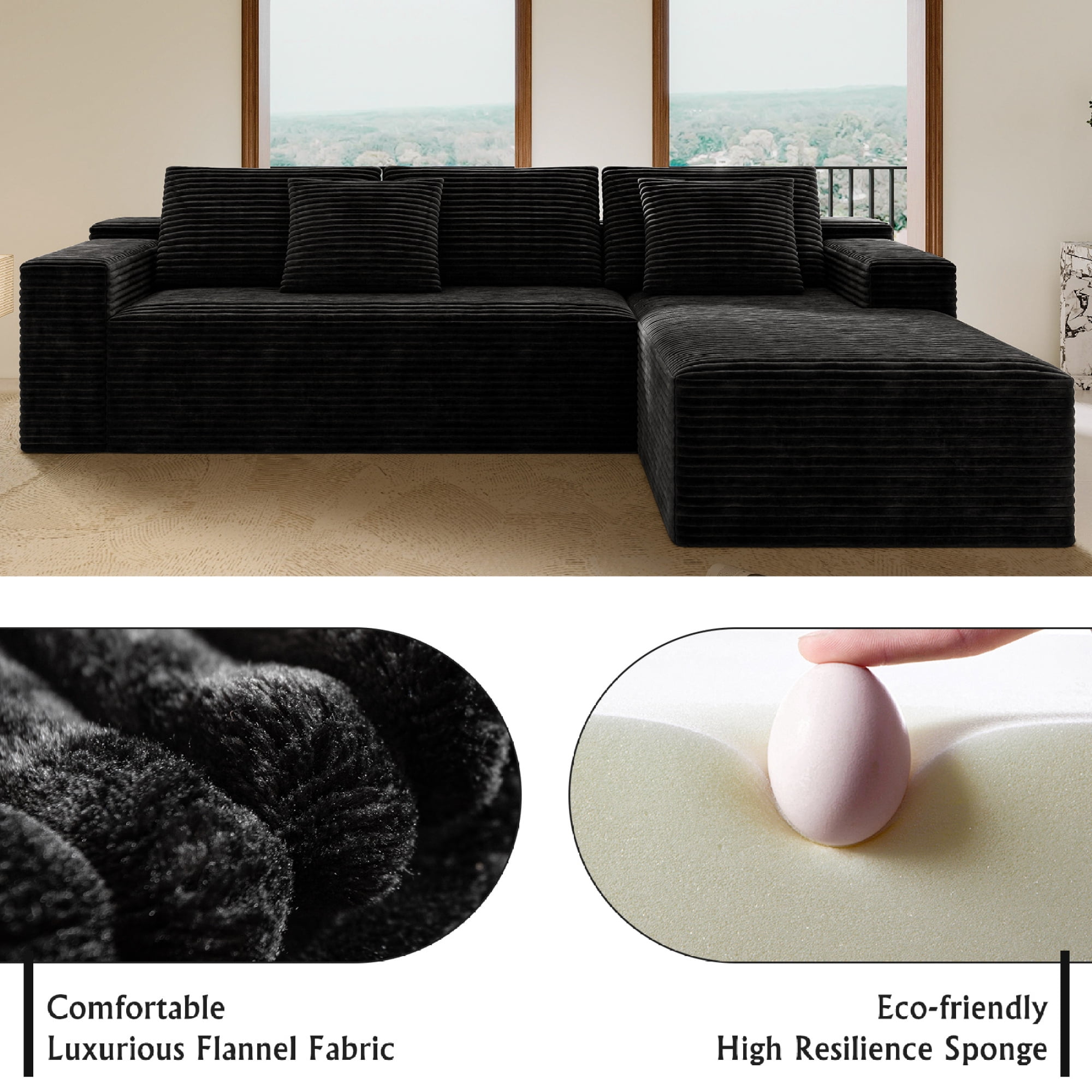 104" Modular Sectional Sofa,Oversized L-Shape Cloud Couch,Modern Corduroy Sleeper Couches Boneless Couches for Living Room,Bedroom,Apartmen,No Assembly Required,Black-Right Chaise