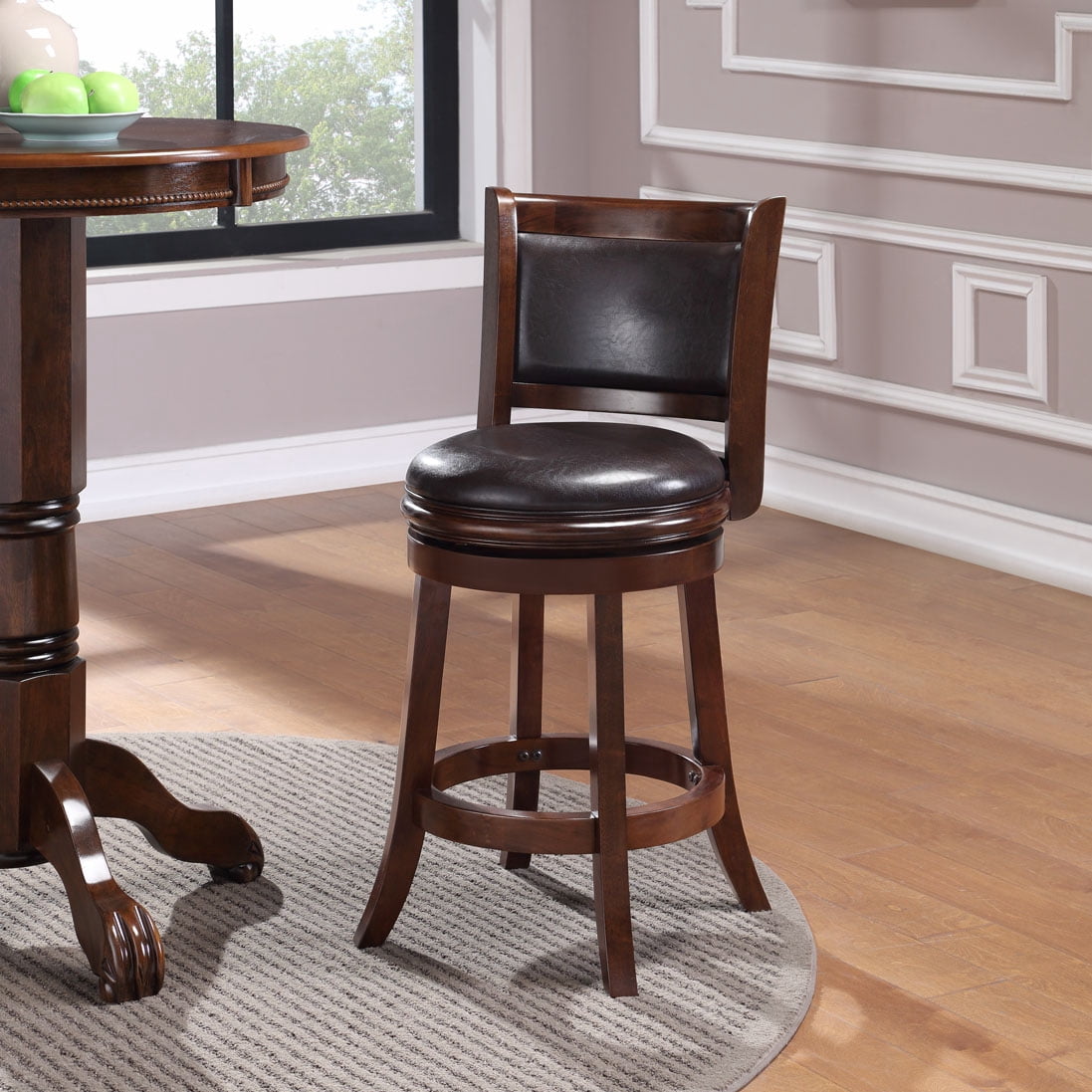 Boraam Augusta 24in. Swivel Wood Kitchen Counter Stool, Cappuccino Finish and Brown Faux Leather