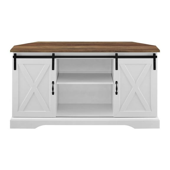 Pemberly Row Rustic Wood Corner TV Stand for TVs up to 52" in Oak/Solid White