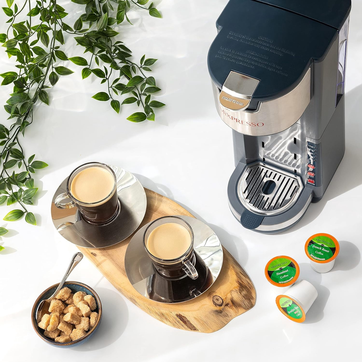 Mixpresso Single Serve Coffee Brewer K-Cup Pods Compatible & Ground Coffee, 30oz Coffee Maker Single Serve 5 Brew Sizes Fits Up To 14Oz Travel Mug, Grey Coffee Maker Adjustable Drip Tray