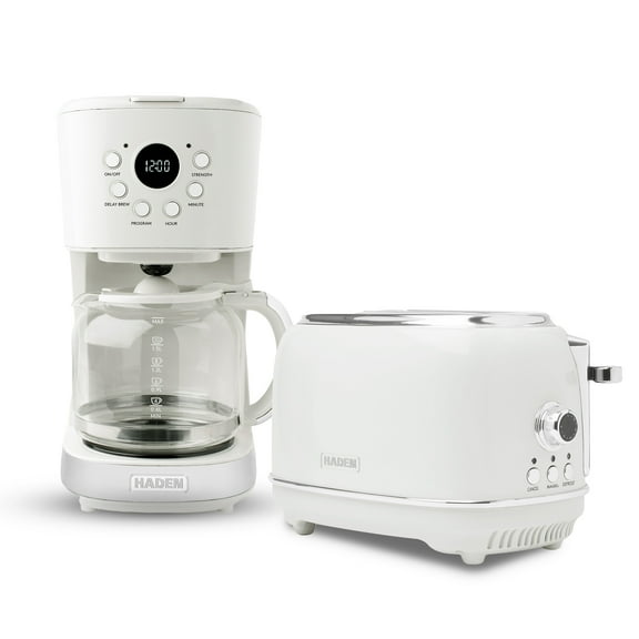 Haden 12 Cup Coffee Maker with 2 Slice Stainless Steel Bread Toaster, White