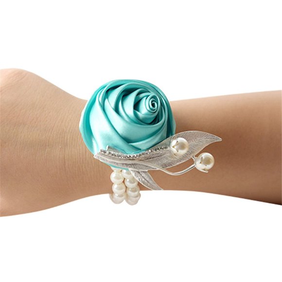Jackcsale Fashion Wedding Bridesmaid Wrist Flower Corsage Party Hand Flower Decor with Faux Pearl Bead Wristband Light Blue Pack of 4