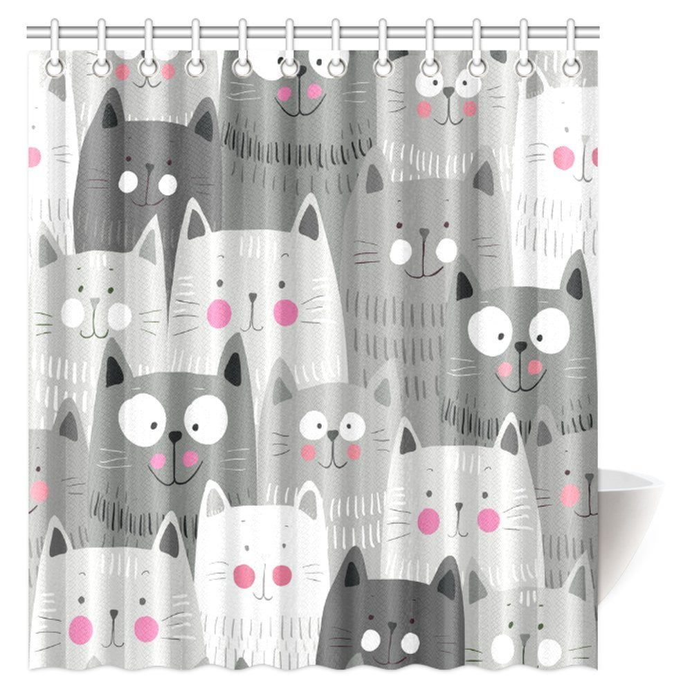 Animal Theme Shower Curtain Waterproof Fabric Cute cat and toothbrush & Hook 70" 