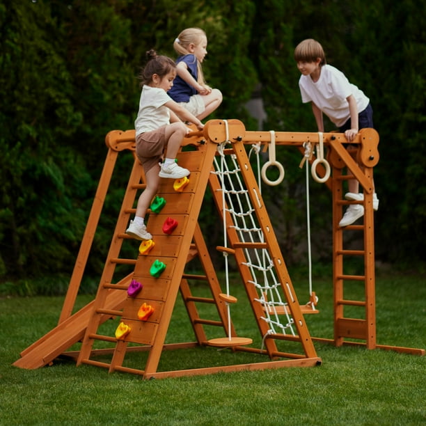Avenlur Juego de Gimnasio de Jungla Plegable para Interiores y Exteriores 7 en 1 de Castaño para Niños de 2 a 6 Años con Tobogán, Muro de Escalada en Roca, Escalera de Escalada, Red para Cuerdas, Barr