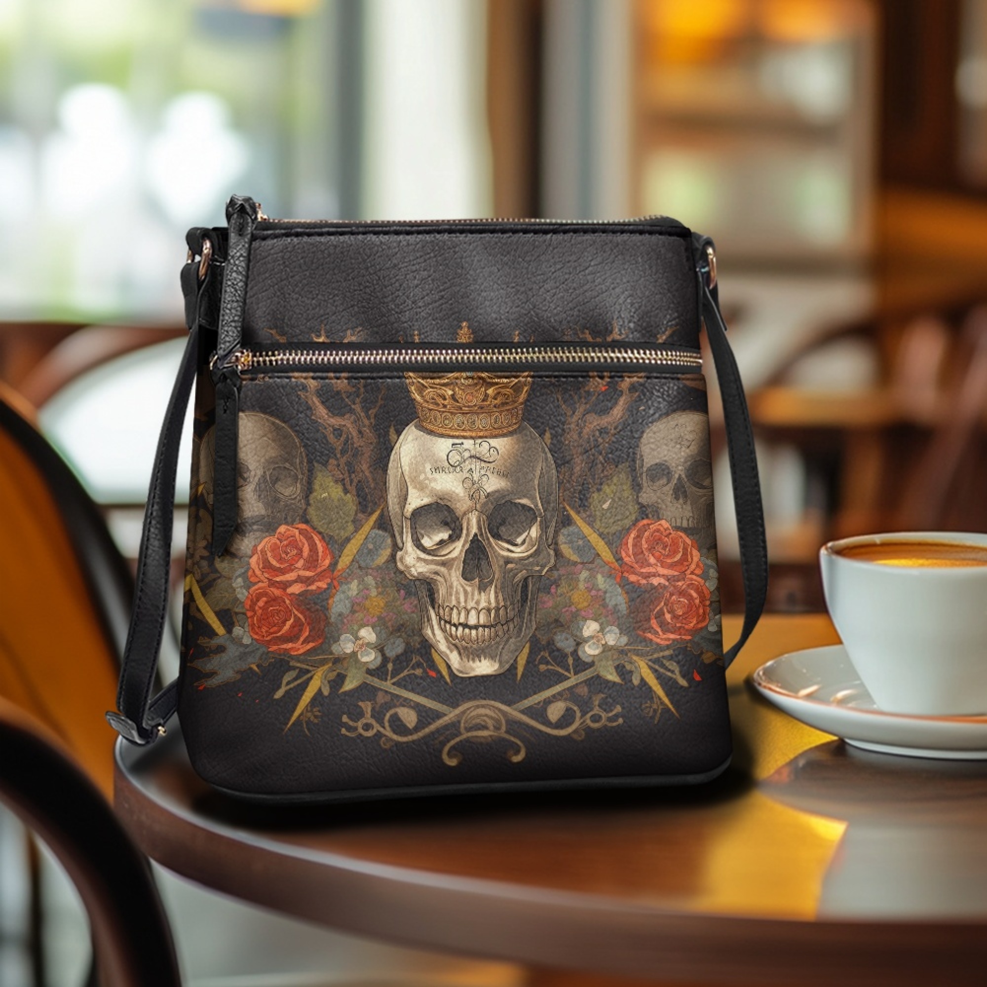 Kuiaobaty Skull Rose Print Crossbody Bag for Women, Vintage PU Leather Satchel Purse with Adjustable Strap, Large Capacity Shoulder Handbag Crossbody for Travel, Black