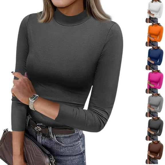Women's Mock Turtleneck Slim Fit Top Three-Quarter Sleeve Lightweight Stretchy Pullover Basic Casual Tops for Work to Weekend，Dark Gray M