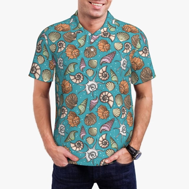 Lsque Cute Conch Pattern Golf Shirts for Men Dry Fit Print Moisture Wicking Performance Short Sleeve Polo Shirt-Large